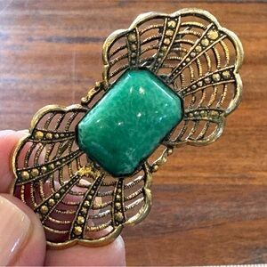 Vintage Art Deco Nouveau Brooch Brass Filigree Peking Glass Ribbon Gold
